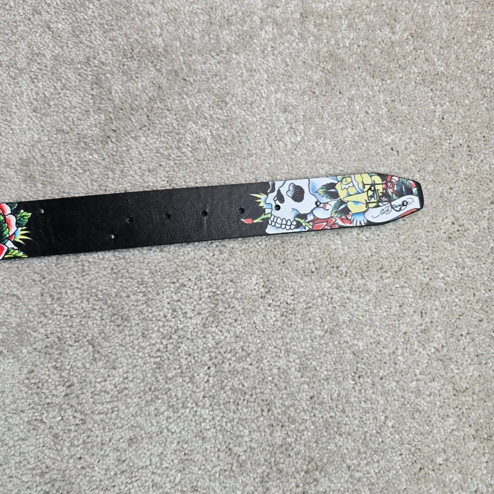 Ed Hardy Mens Black Bonded Leather Tattoo Graphic Belt Skull Rose Size 32 New